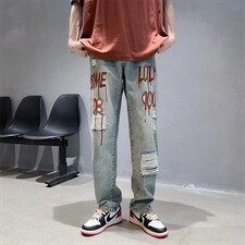 破洞牛仔裤男潮牌宽松长裤嘻哈束脚工装休闲九分裤N0906-P48，男装牛仔裤，星座308B-2