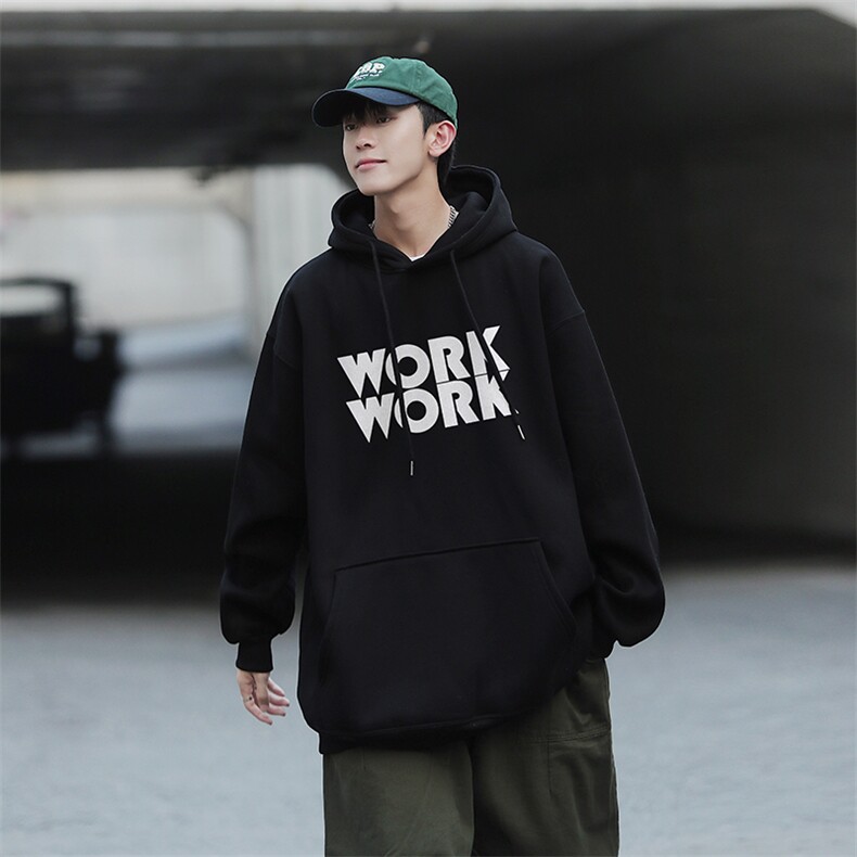 2024新款work印花宽松连帽卫衣Y121常规版P48加绒版P65,男装卫衣,电商B219
