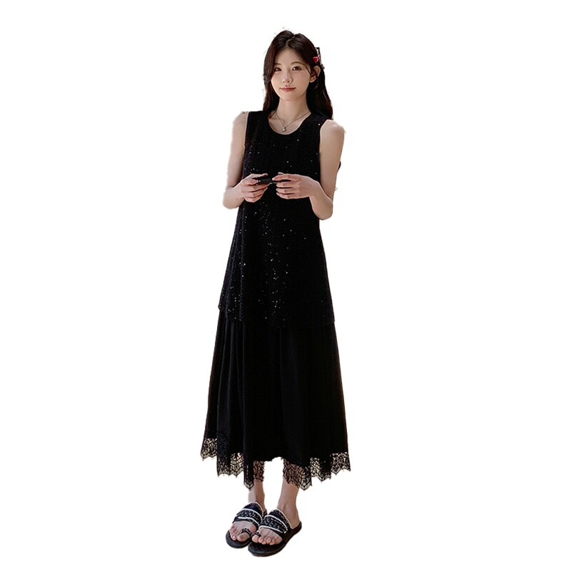 黑色轻熟风亮片拼接蕾丝连衣裙女2025夏季新款法式显瘦无袖背心裙,女装连衣裙,2C285