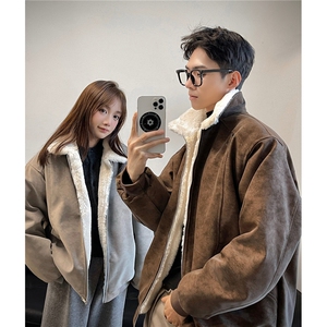 美拉德羊羔毛pu皮棉衣加绒加厚情侣棉服外套男 H1166 特P85图片