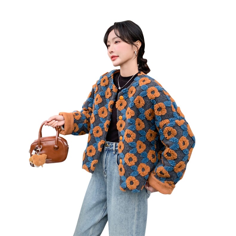 撞色立体花朵小香风羽绒服2024新款女冬独特好看小个子毛呢短外套,女装羽绒服,2C092
