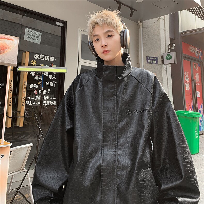 港风美式钢印夹克大码M-5XL皮衣鳄鱼纹情侣皮衣男外套JK8749P90控,男装夹克,星座227-7