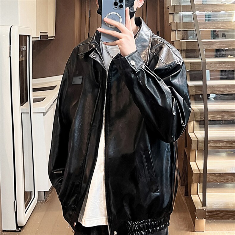 春季男士外套皮衣休闲贴标翻领皮夹克男按扣潮流A266-PY006-P80图片