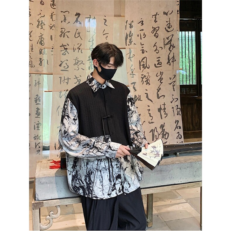 新中式宽松扎染长袖衬衫男装bf潮流拼接假两件盘扣衬衣网图,男装衬衫,星座410-6（原星座1304-1）