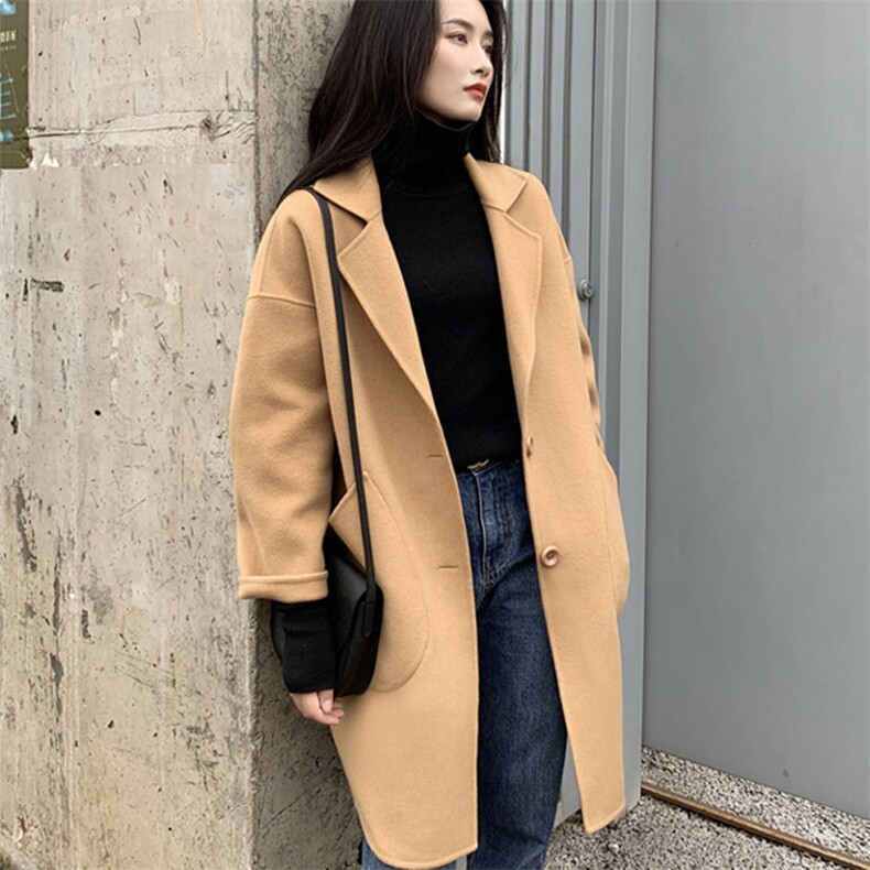 时尚百搭黑色羊毛大衣女秋冬季新款韩版宽松显瘦长款外套,女装毛呢外套,乾庄羊绒