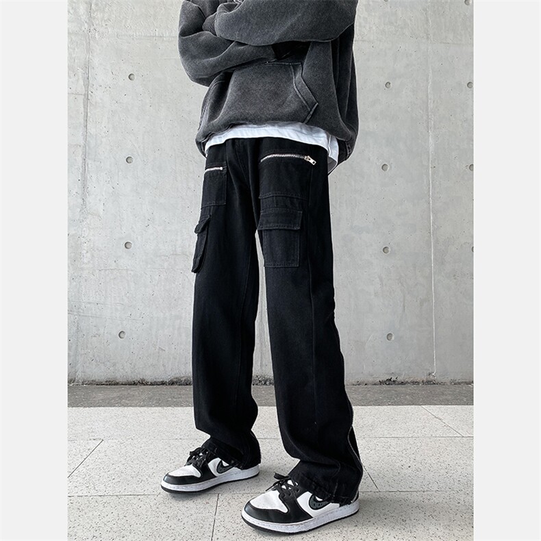 高街牛仔裤黑色拉链款直筒裤裤715-6-BX19P65（控88）,男装牛仔裤,星座715-6