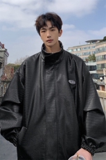 1港风两面穿大码M-5XL格子PU皮鳄鱼纹皮衣夹克男JK8753P110控149，男装夹克，星座226-2