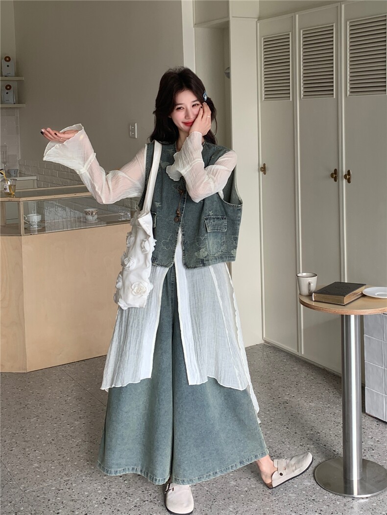 设计感连衣裙打配牛仔马甲套装女春夏季小众阔腿裤三件套减龄,女装套装/套裙,浙宝190
