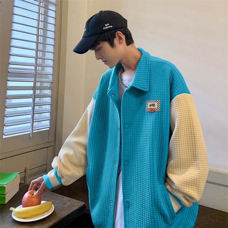 Wt150-P62华夫格拼色开衫外套棒球服图片