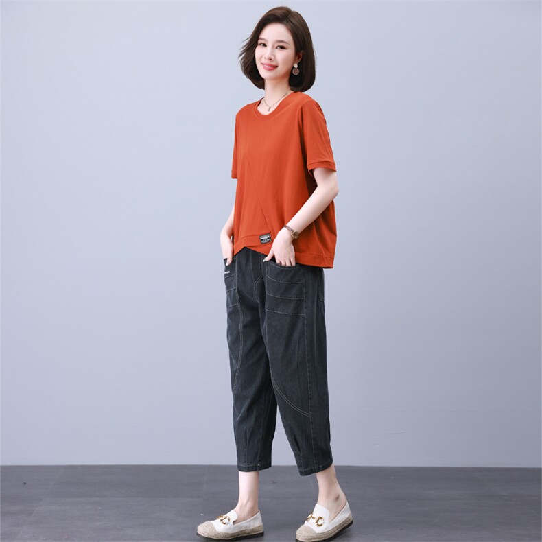 胖MM冰丝牛仔套装夏薄款宽松大码女装休闲中年妈妈装哈伦裤两件套,女装套装/套裙,叶笙衣