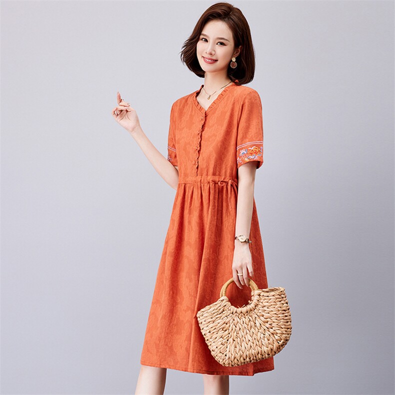 棉麻连衣裙2023夏装新款时尚收腰裙短袖复古文艺,女装连衣裙,欣美人
