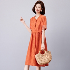棉麻连衣裙2023夏装新款时尚收腰裙短袖复古文艺，女装连衣裙，欣美人