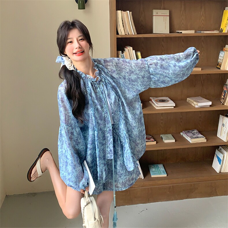洋气减龄蓝色碎花套装女2025夏新款韩系小个子防晒衬衫短裤两件套,女装套装/套裙,2C169