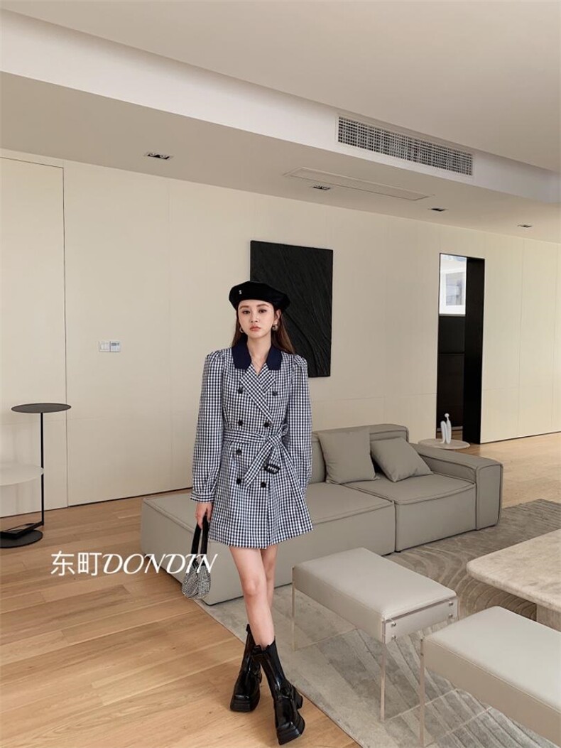 现货撞色拼接千鸟格西装裙，女装西装，东町