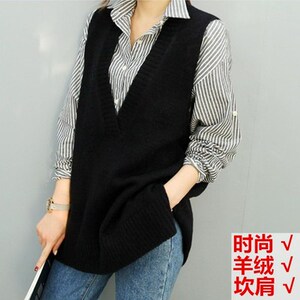 羊绒坎肩女V领 春秋新款针织马甲中长款时尚宽松无袖韩版毛衣背心图片