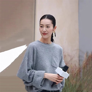 刘雯同款圆领山宽松灰色慵懒风毛衣女冬加厚设计感小众针织衫图片