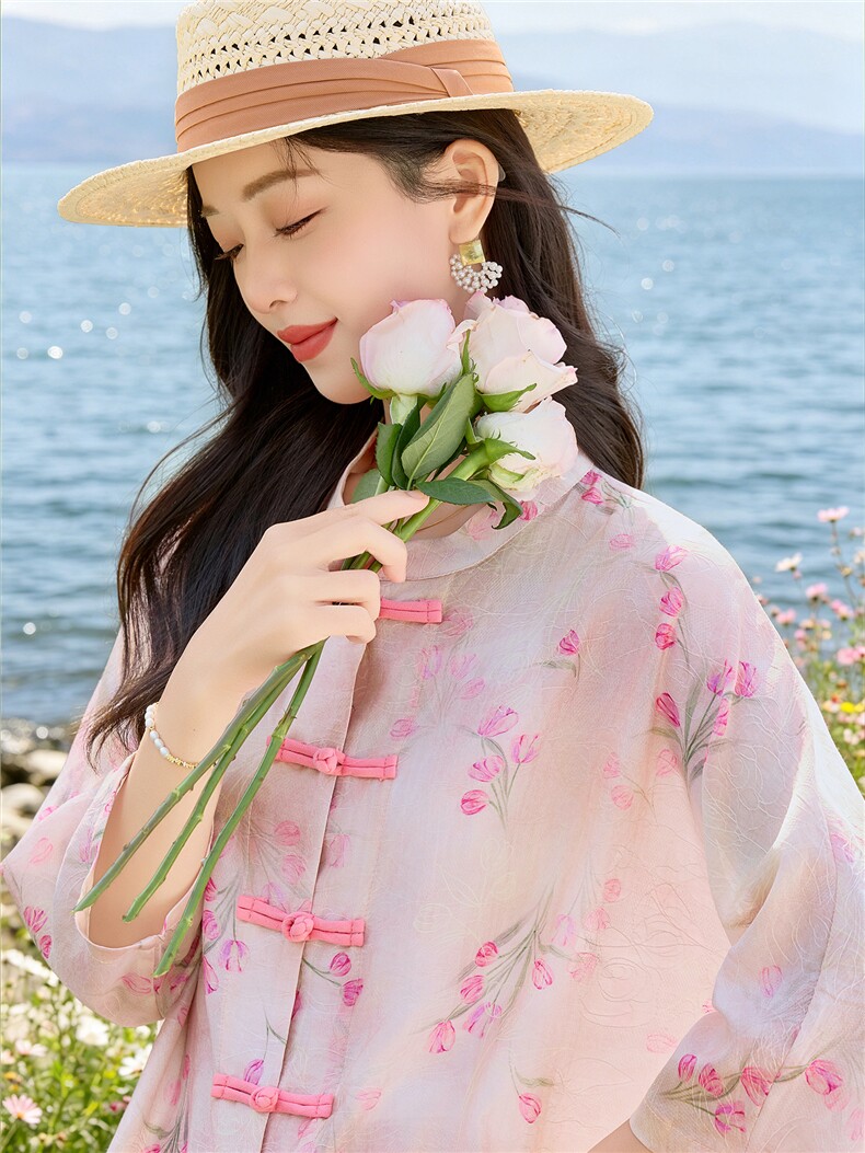 天丝印花新中式七分袖阔腿裙裤优雅气质配吊带三件套装,女装套装/套裙,水衣源