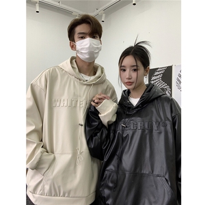 秋装港风 潮美式复古压印立体情侣卫衣PU皮衣外套男女G1066 P78图片