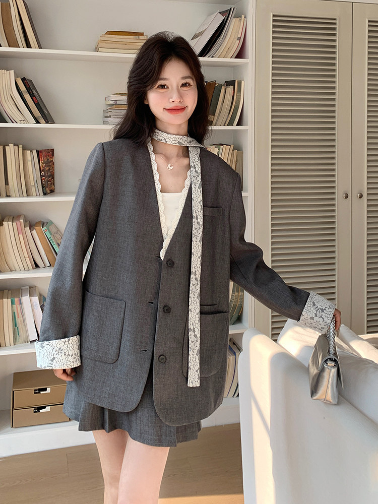 小香风灰色蕾丝拼接西装套装裙女春秋2025新款两件套独特绝气,女装套装/套裙,浙宝192（原082）