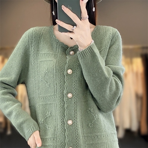 2025秋冬100%纯羊毛开衫女圆领绣花外搭毛衣百搭宽松针织外套新，女装羊毛衫，北娇羊绒