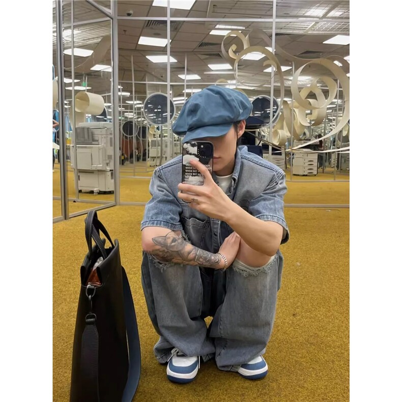 美式复古小众做旧牛仔衬衫男高街痞帅潮牌破洞牛仔裤衣服一套搭配,男装休闲套装,星座1210-1