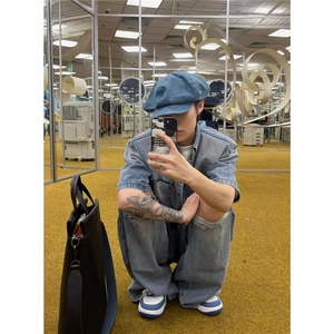 美式复古小众做旧牛仔衬衫男高街痞帅潮牌破洞牛仔裤衣服一套搭配图片