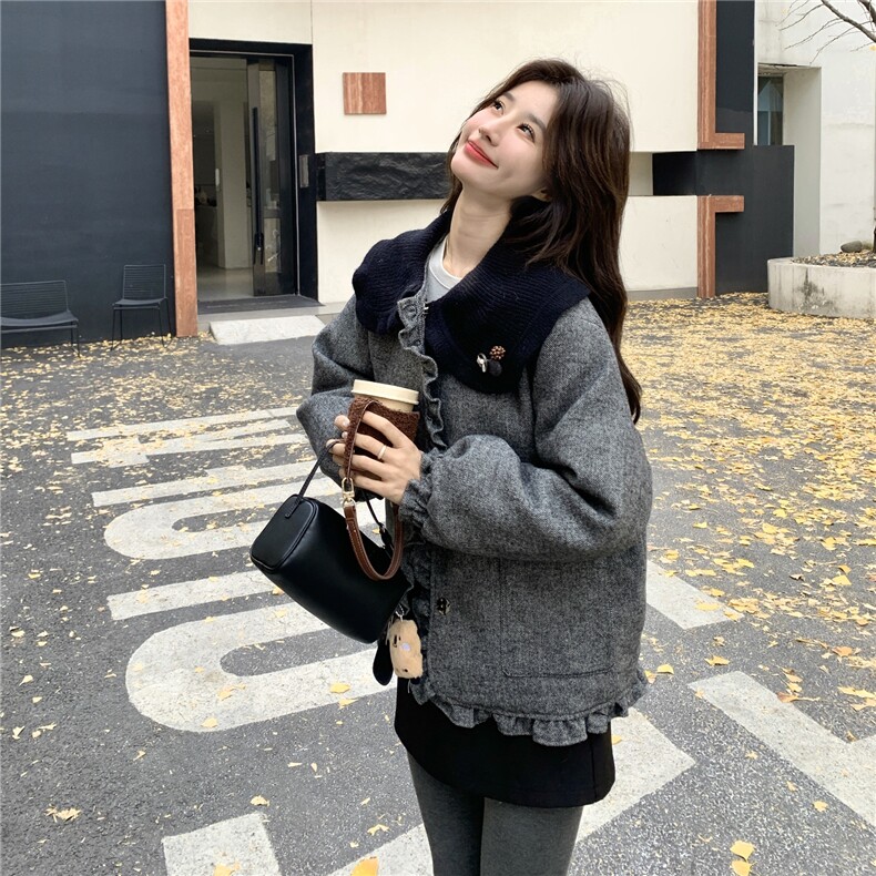 韩版学院风娃娃领毛呢白鸭绒外套女短款灰色气质减龄小个子羽绒服,女装羽绒服,艾米莉亚