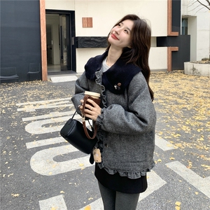 韩版学院风娃娃领毛呢白鸭绒外套女短款灰色气质减龄小个子羽绒服图片
