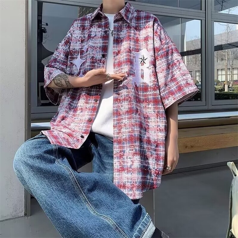 美式嘻哈高街撞色字母印花宽松小香风扎染多彩格纹衬衫S37/P35,男装衬衫,星座506