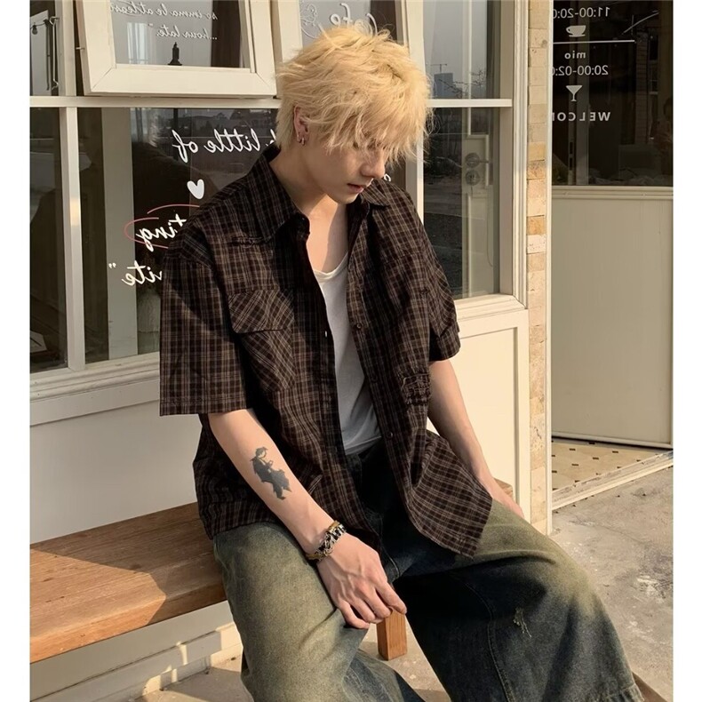 2025夏季格子短袖衬衫男士宽松潮流原创设计师款休闲美式复古衬衣,男装衬衫,星座506A