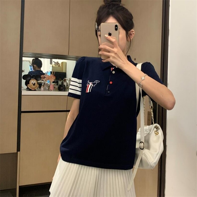 学院风胸前织带小狗刺绣针织POLO衫冰丝短袖T恤上衣女2025夏季款,女装T恤,宛庄羊绒