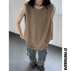 主推慵懒风宽松坑条无袖T恤情侣背心男女坎肩内搭上衣H952特P23，男装背心/马甲，电商A341