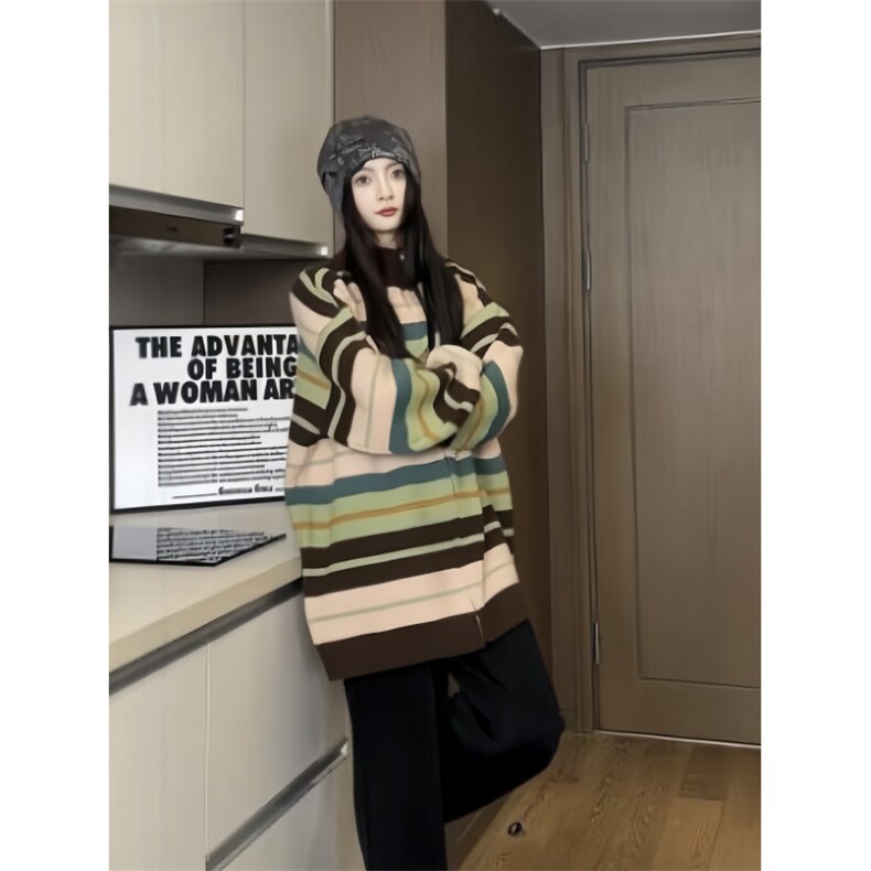 美式复古彩虹撞色针织衫青春情侣潮牌宽松外套毛衣XZ301AM01P78,男装针织衫/毛衣,星座301A