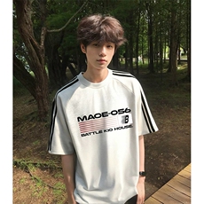 抖音得物高品质二开240克宽松纯棉美式潮牌三条杠织带短袖T恤，男装T恤，电商A486