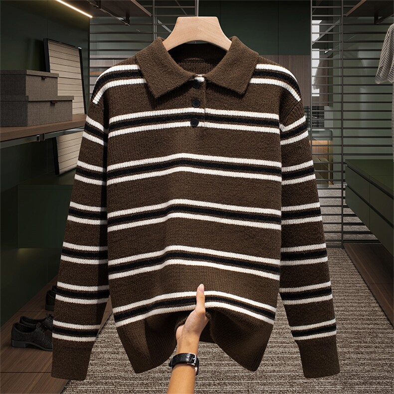 男士毛衣2025秋冬新款翻领时尚条纹打底衫宽松百搭针织衫，男装T恤，星座914
