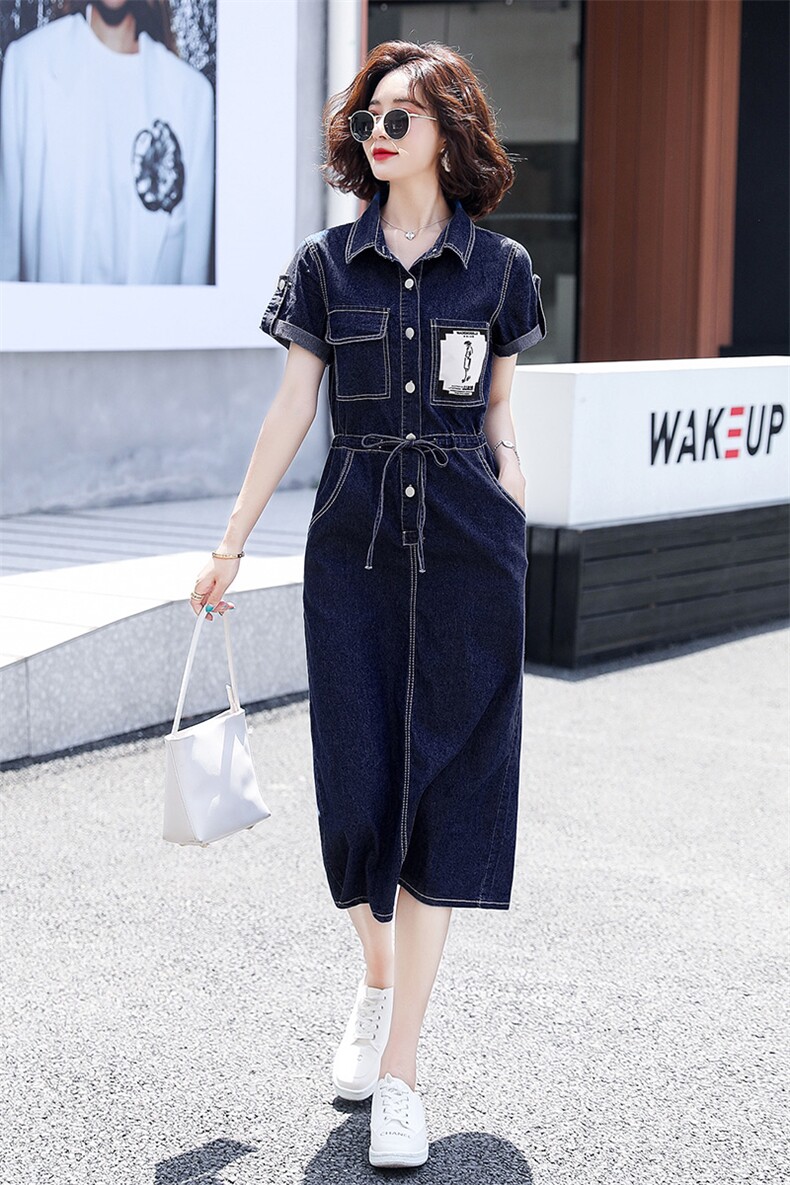 2022新款法式复古收腰显瘦气质长款a字衬衫裙子牛仔连衣裙女夏,女装连衣裙,瑶迪依秀