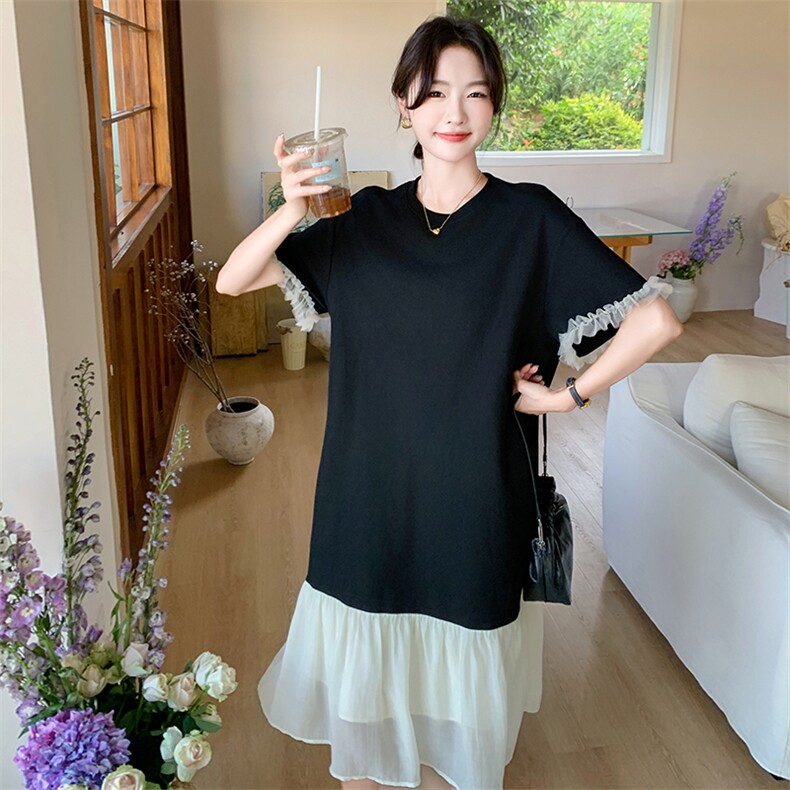 撞色拼接蕾丝网纱显瘦重工连衣裙2025新款女夏微胖宽松短袖卫衣裙,女装连衣裙,2C316
