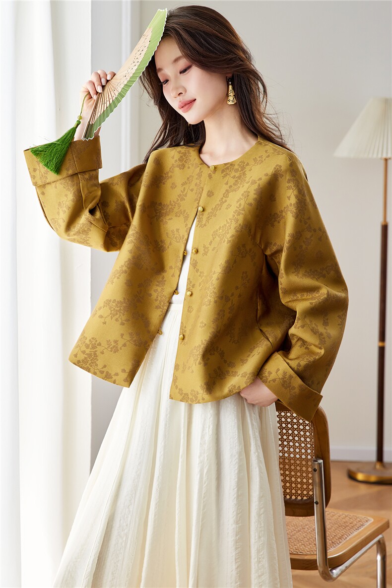 在仓~2026年春季圆领插肩袖单排扣真口袋提花带里布拼色外套,女装短外套,新依时派