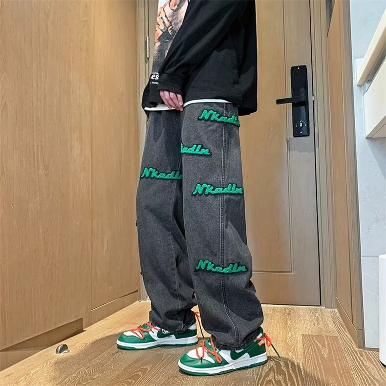 街头植绒刺绣牛仔裤男士潮牌宽松直筒美式水洗WH13P52图片