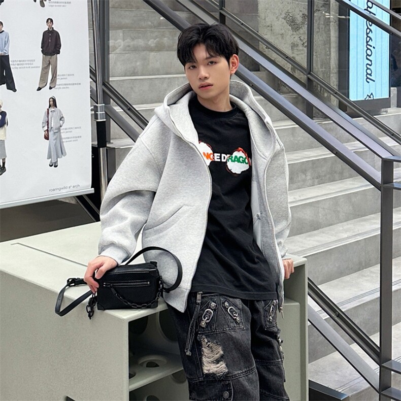 抖音得物高品质26春装美式高街重磅宽松结构高领连帽卫衣外套W60,女装短外套,电商A486