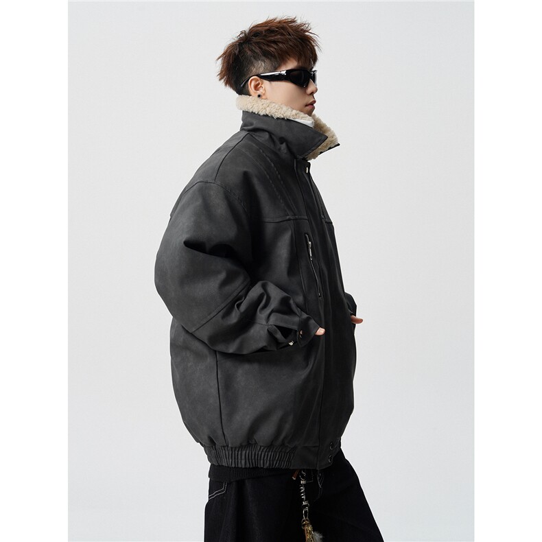 复古可脱卸羊羔毛领大码M-5XL面层PU皮棉衣男77933P138控198，男装棉衣，星座227-7
