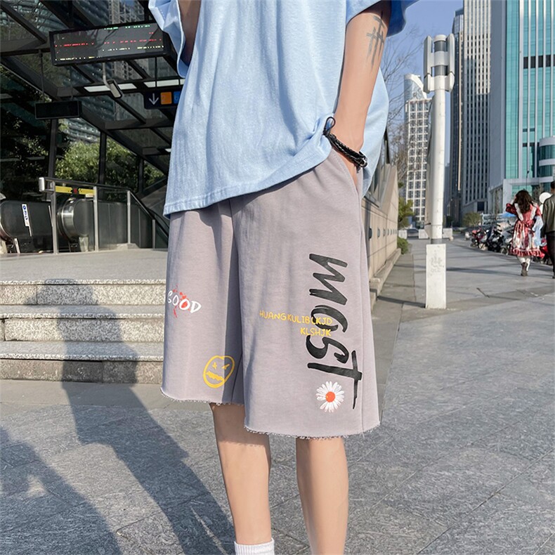 港风沙滩短裤男夏季ins潮流小雏菊字母印花五分裤DK671P45控68,男装休闲裤,电商A089-1
