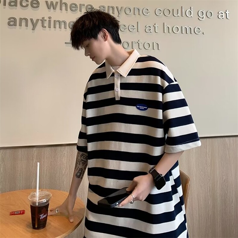 条纹文艺日常日系潮流标准夏季男五分袖青春流行POLO衫T399P33,男装Polo衫,星座1116-2