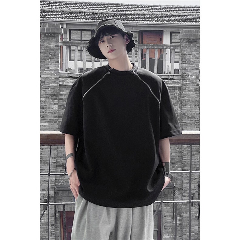 1港风美式双拉链设计T恤大码M-5XL情侣短袖T恤男DT77098P40控58,男装T恤,星座226-2
