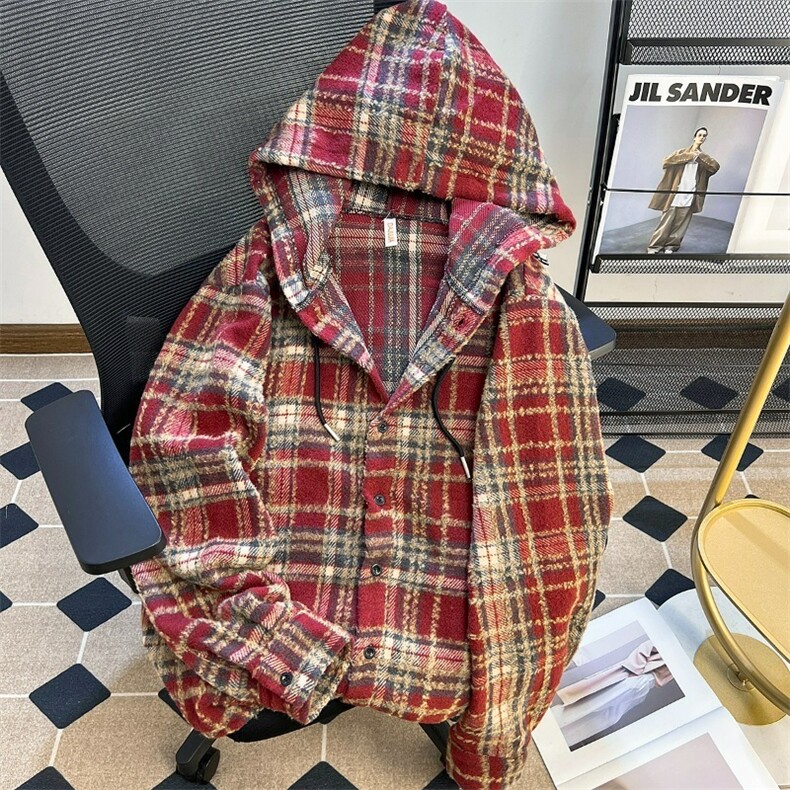 连帽毛呢衬衫男女秋冬潮慵懒风格子衫上衣保暖内搭衬衣HH614P52,男装衬衫,星座1013-5