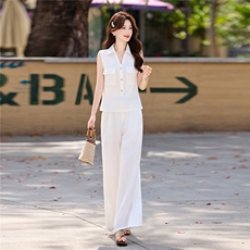 天丝亚麻时尚套装女2026夏季气质通勤无袖背心上衣阔腿裤两件套，女装套装/套裙，衣之秀