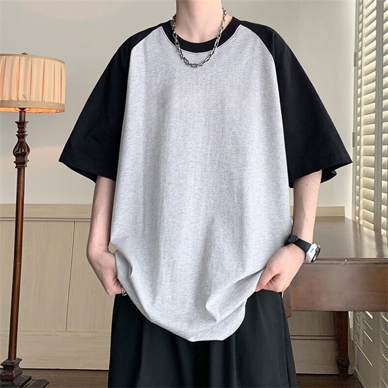 抖音得物高品质二开240克宽松纯棉美式潮牌插肩袖拼接短袖T恤,男装T恤,电商A486