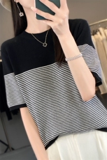 2025新款条纹短袖t恤女夏季薄款冰丝针织衫宽松圆领打底上衣体恤，女装针织衫/毛衣，萱芳婷羊绒