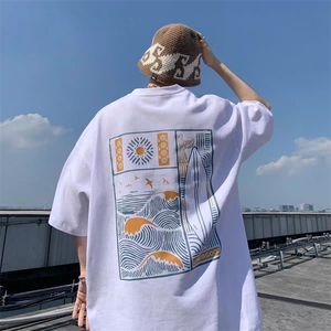 网络图纯棉220g五分袖日系五分袖t恤男后背印花圆领t恤男夏季新图片