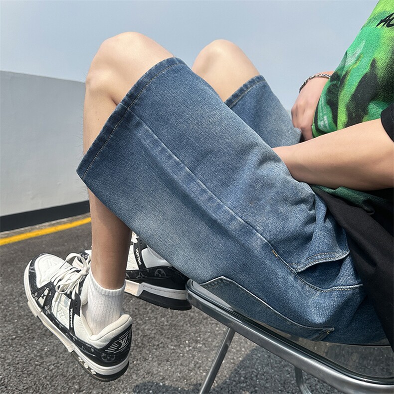 渐变抽绳牛仔短裤男夏季美式复古高街ins潮牌宽松休闲裤D2#-P35,男装牛仔裤,电商A178